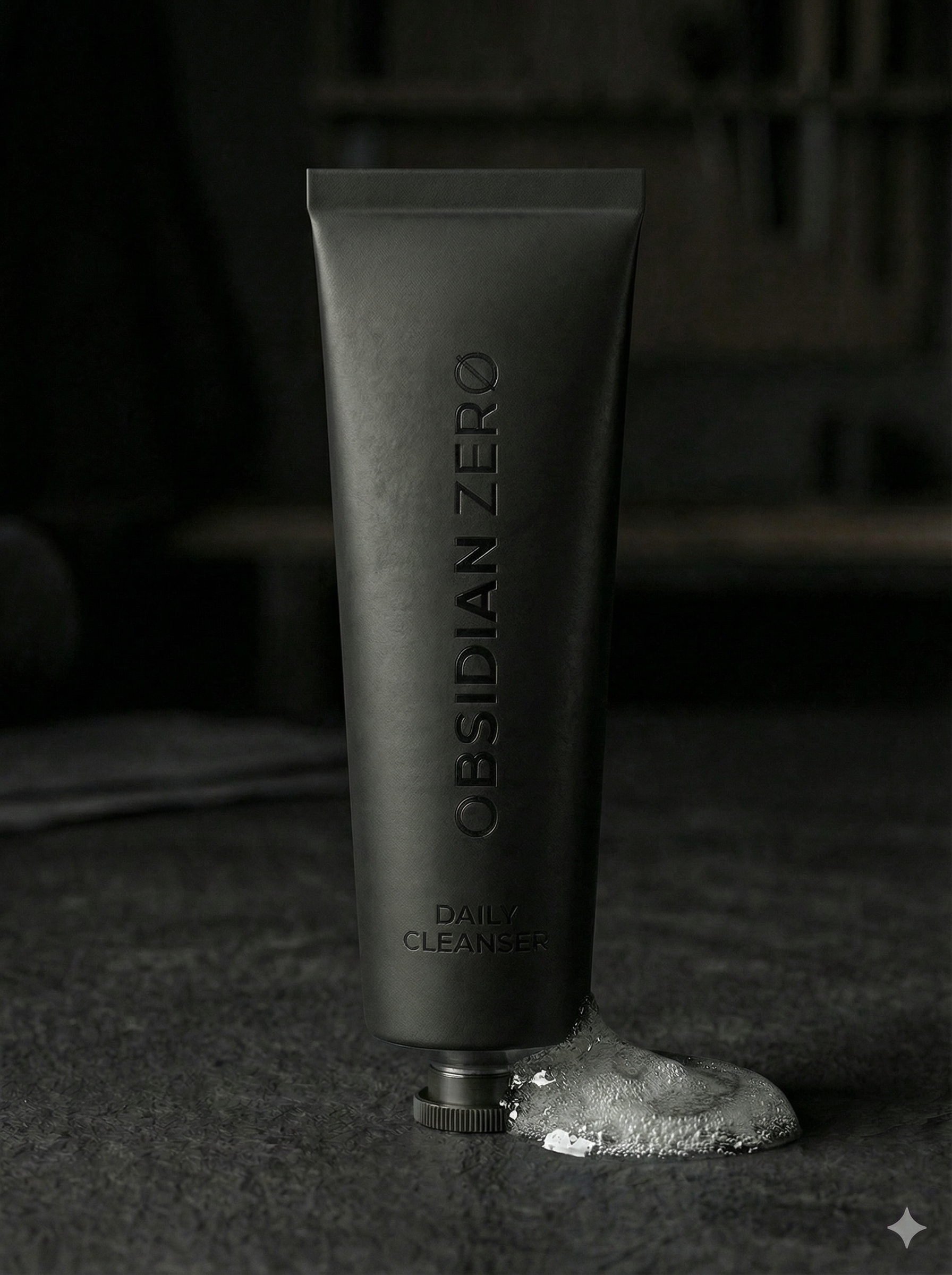 A bar of soap placed beside a premium pump face wash bottle on a dark bathroom counter