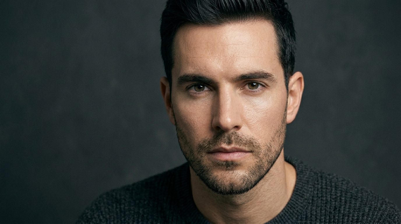 Close-up portrait of a man examining his skin in natural light, focusing on uneven skin tone