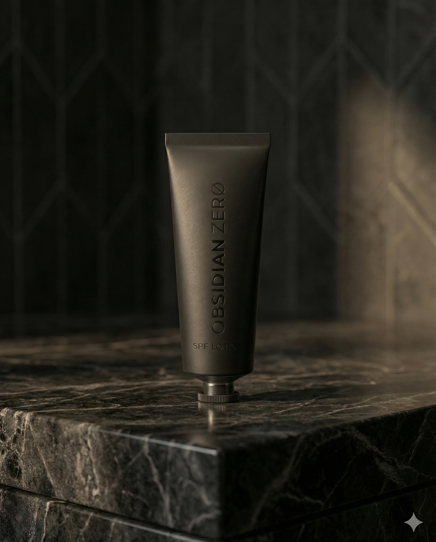 Mineral sunscreen product bottle photographed against dark stone surface in studio lighting